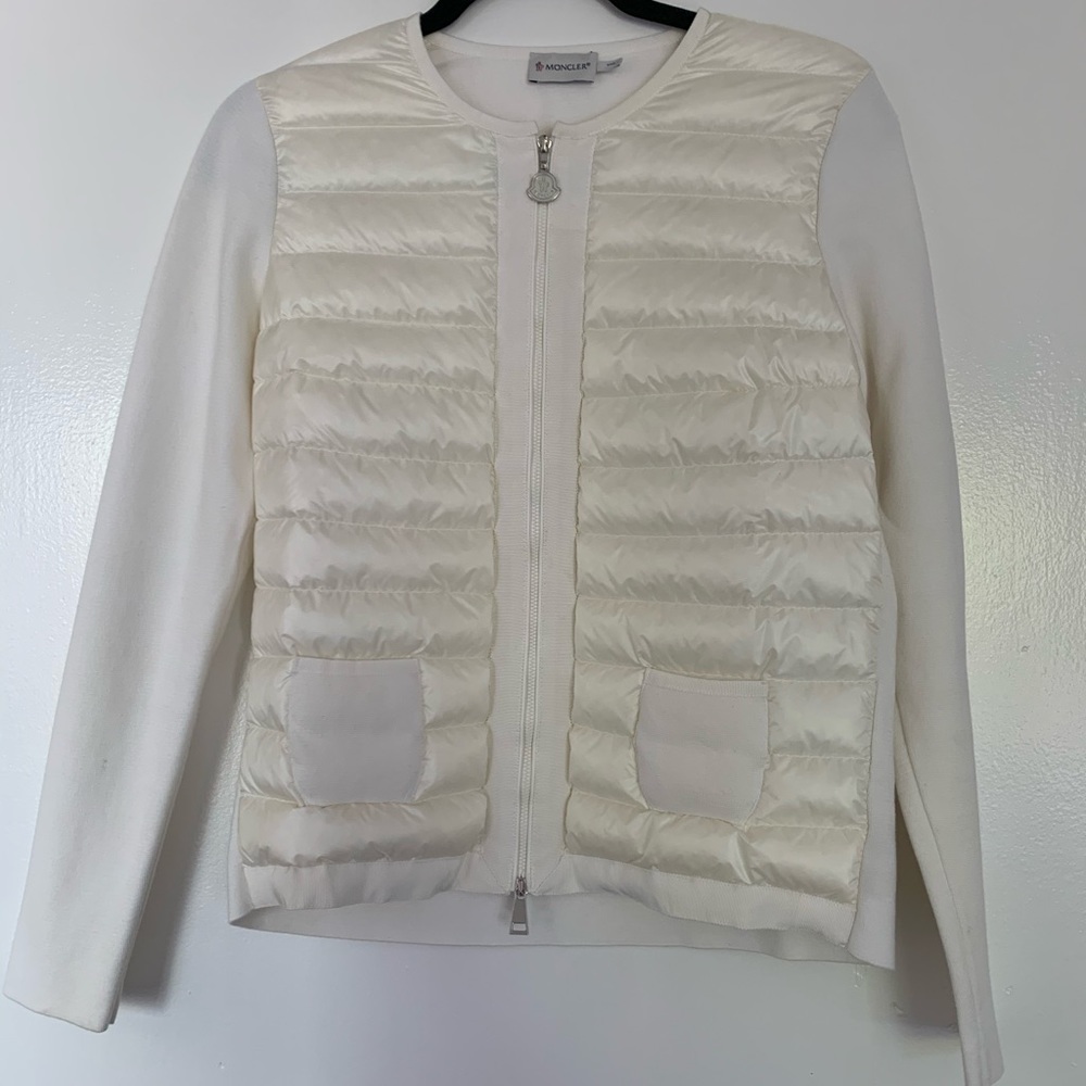 White Moncler Knitted Sleeve Quilted Down Jacket